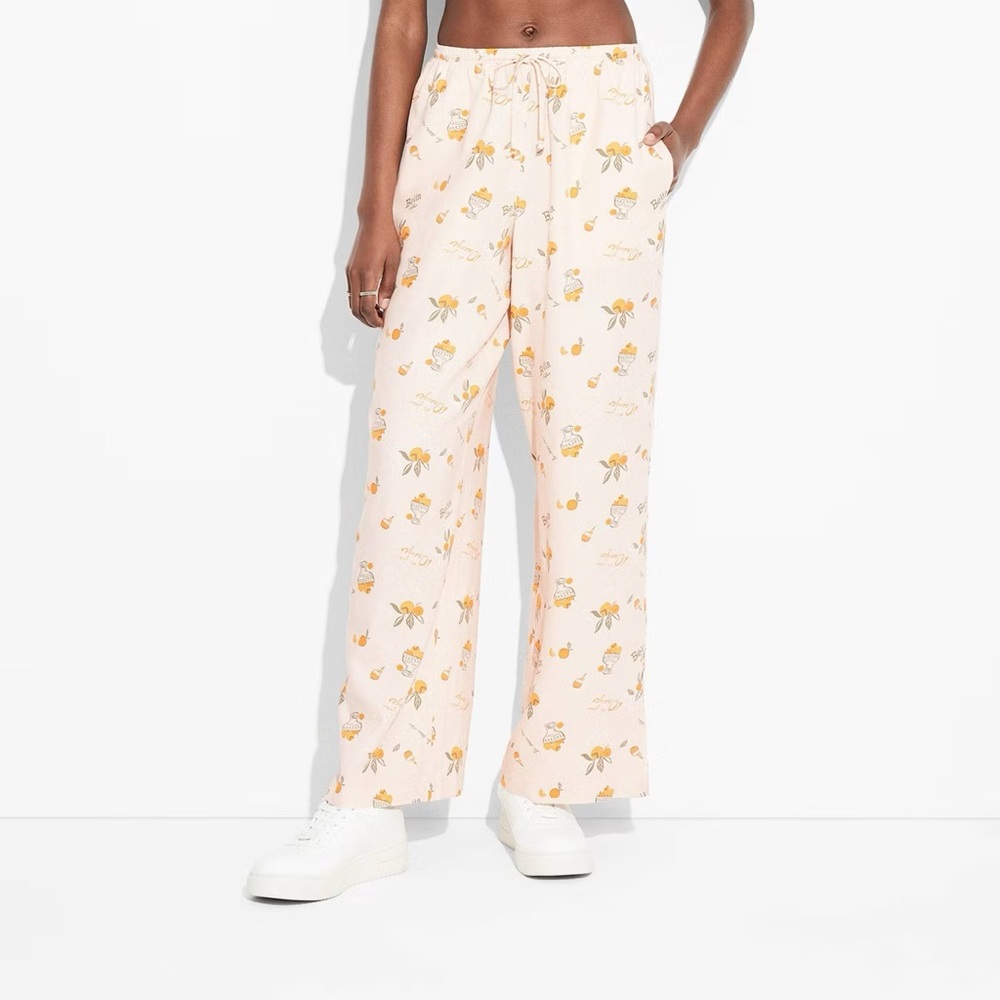 Wild Fable Women's Pull-On Linen Pants Bella Vita Peach Orange Print 1X